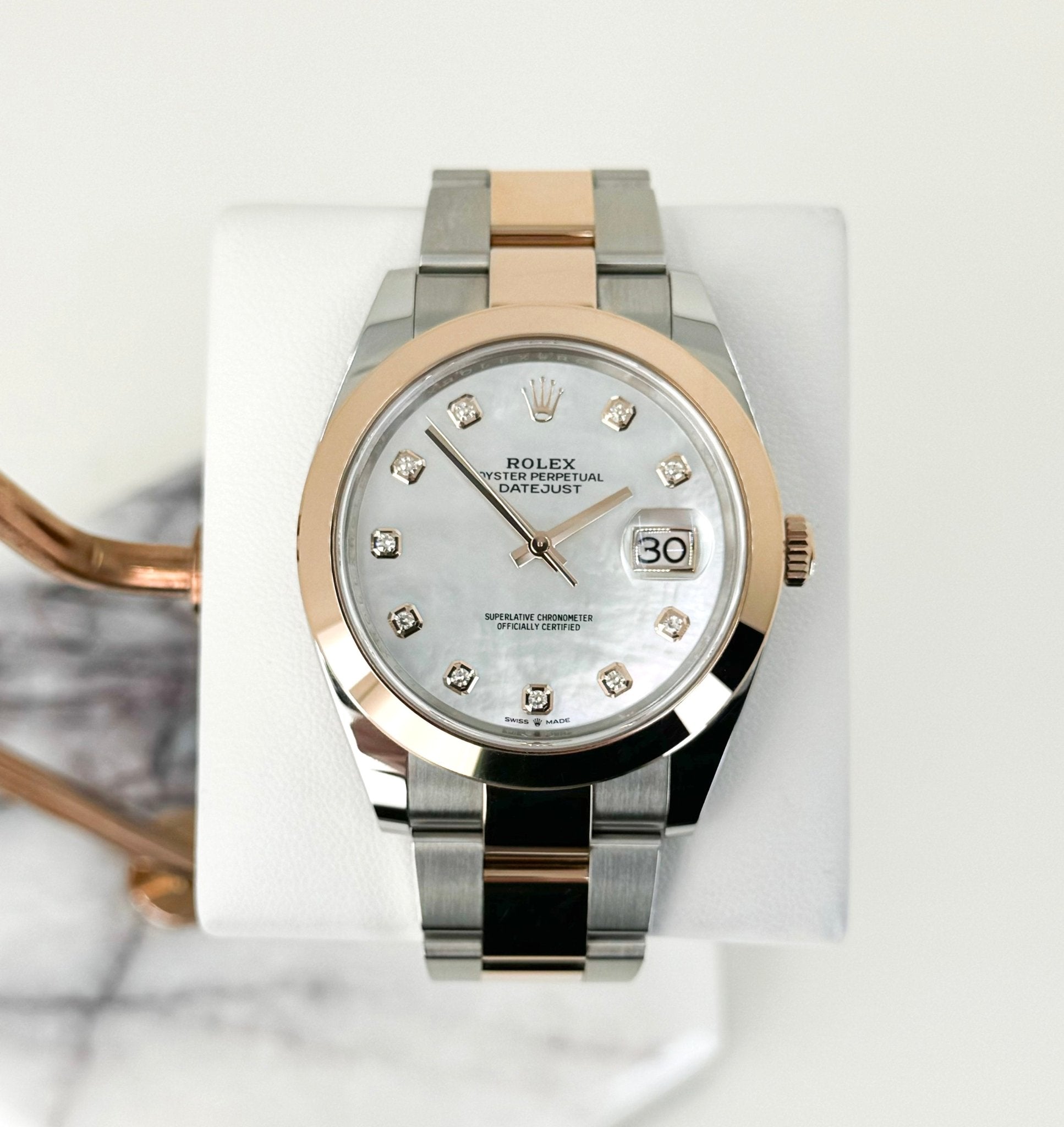 Rolex Datejust 41 Rose Gold/Steel White Mother of Pearl Diamond Dial Smooth Bezel Oyster Bracelet 126301 - Luxury Time NYC